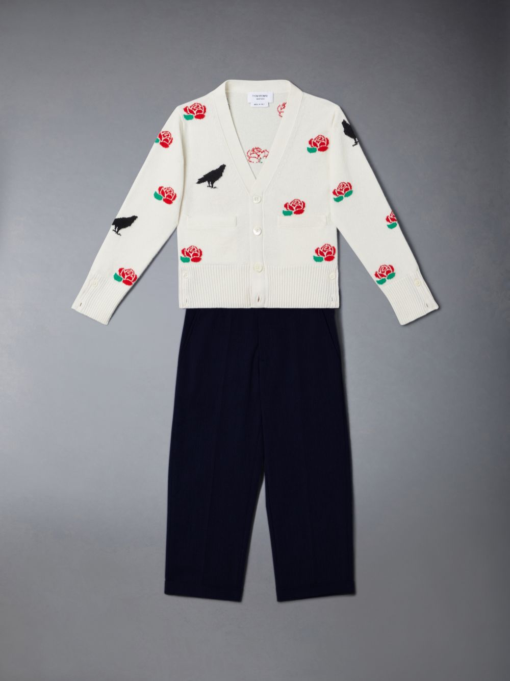 Thom Browne Merino Wool Rose and Raven ガール カーディガン 白 | XIK93J47166