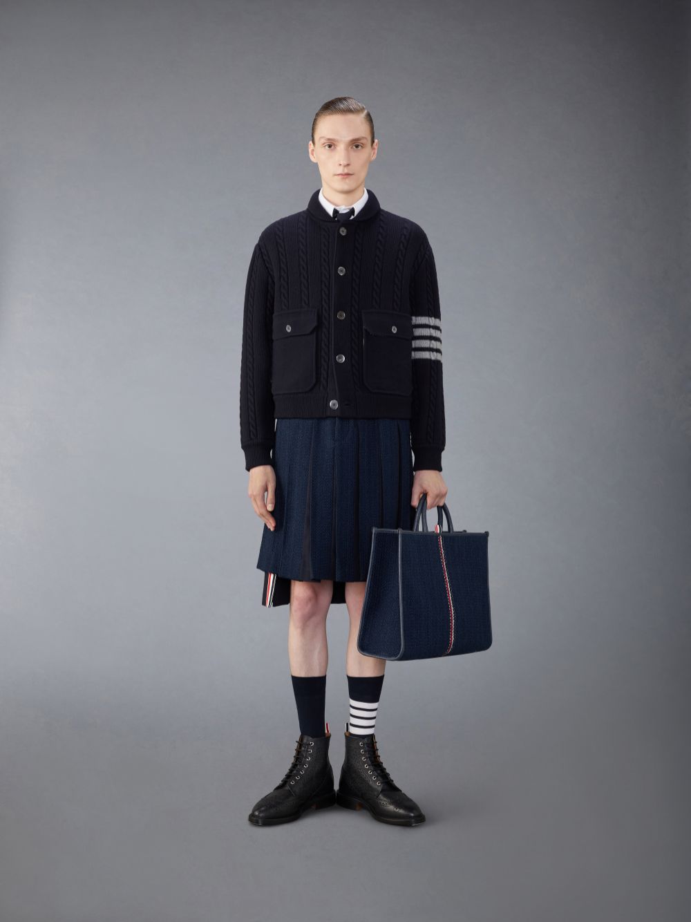Thom Browne Merino Wool and Cotton 4-Bar Cable Bomber メンズ ジャケット 青 | NQU35J82349