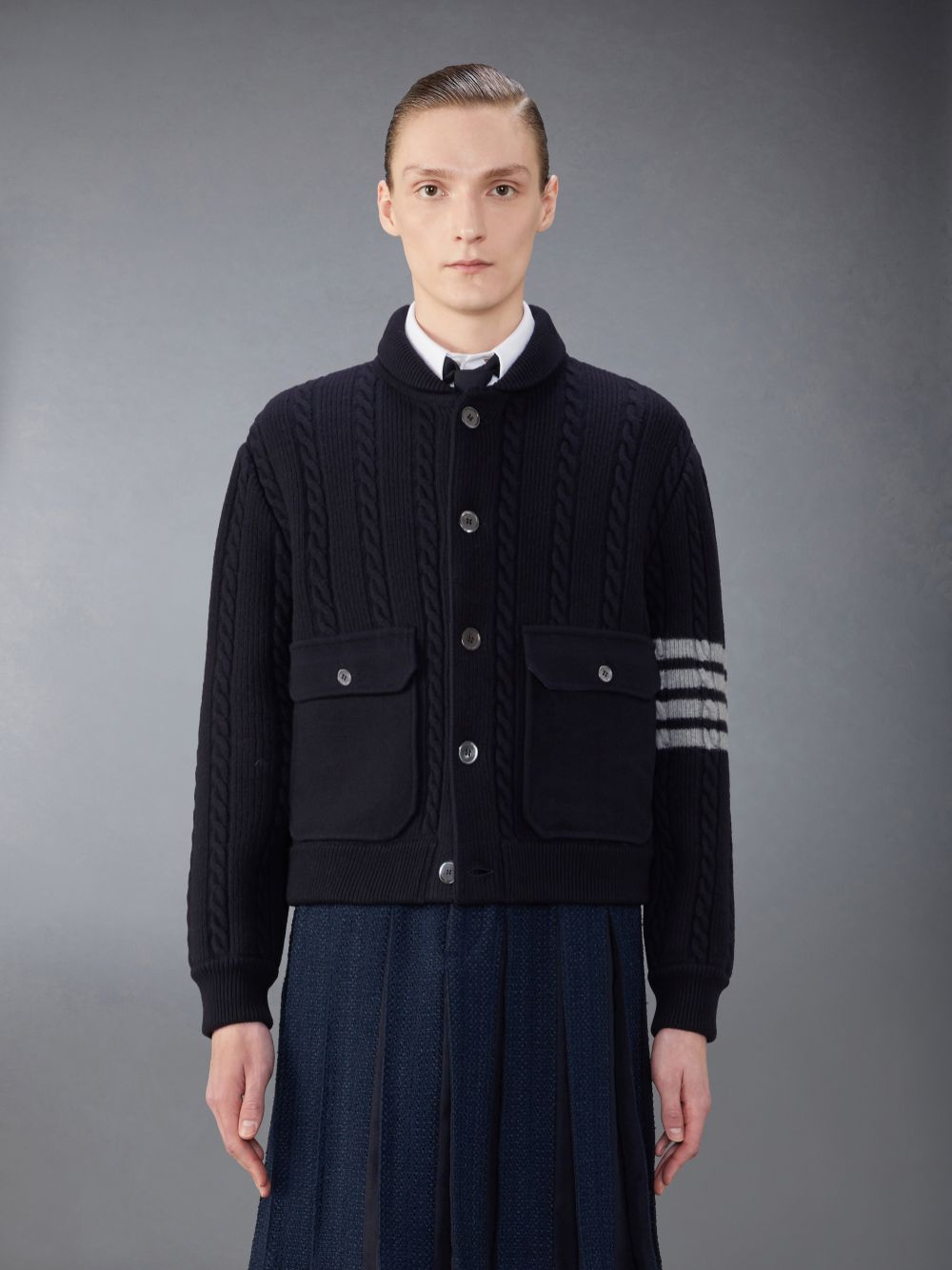 Thom Browne Merino Wool and Cotton 4-Bar Cable Bomber メンズ ジャケット 青 | NQU35J82349