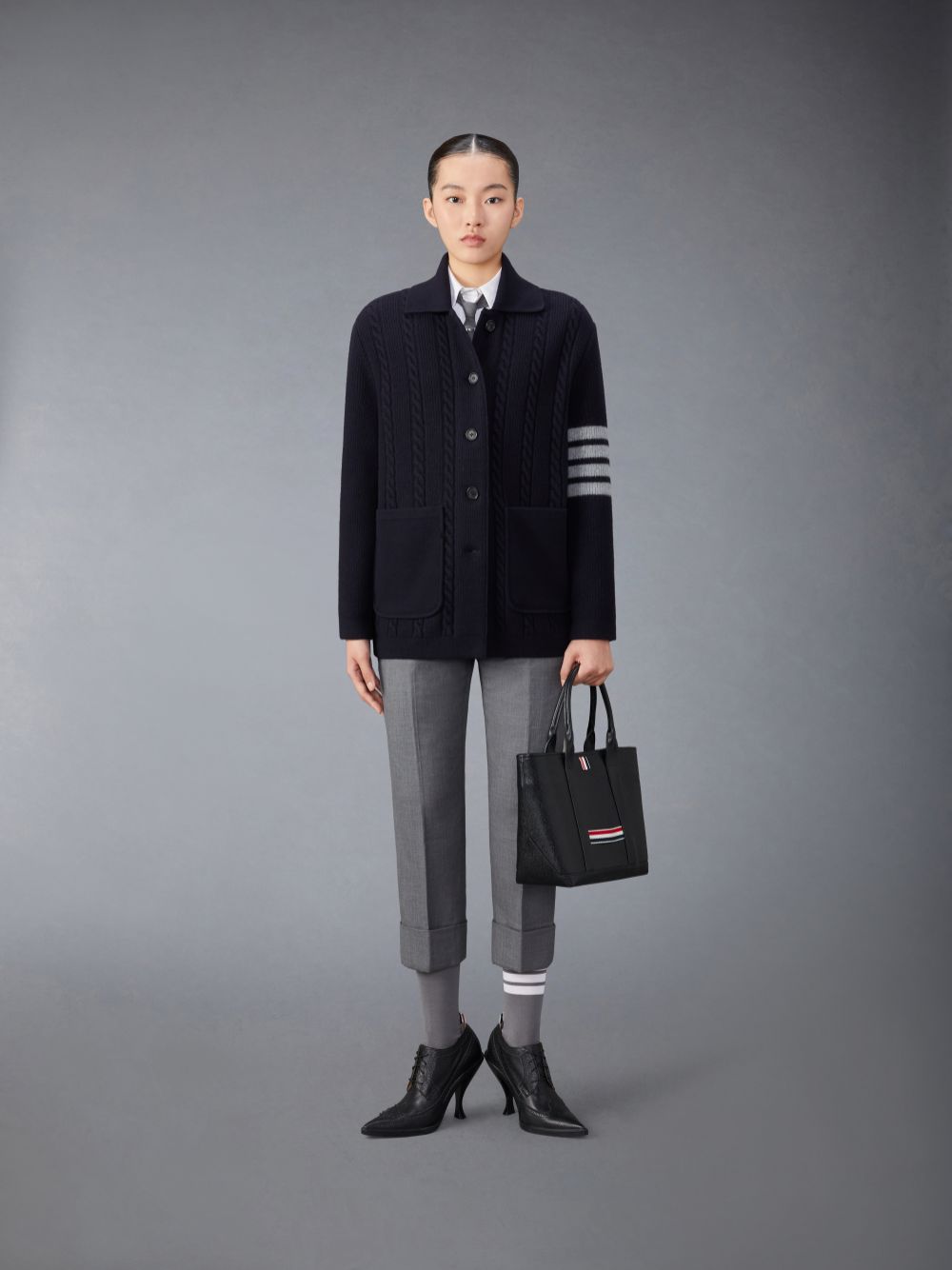 Thom Browne Merino Wool and Cotton 4-Bar Cable レディース コート 青 | DKF00V79631