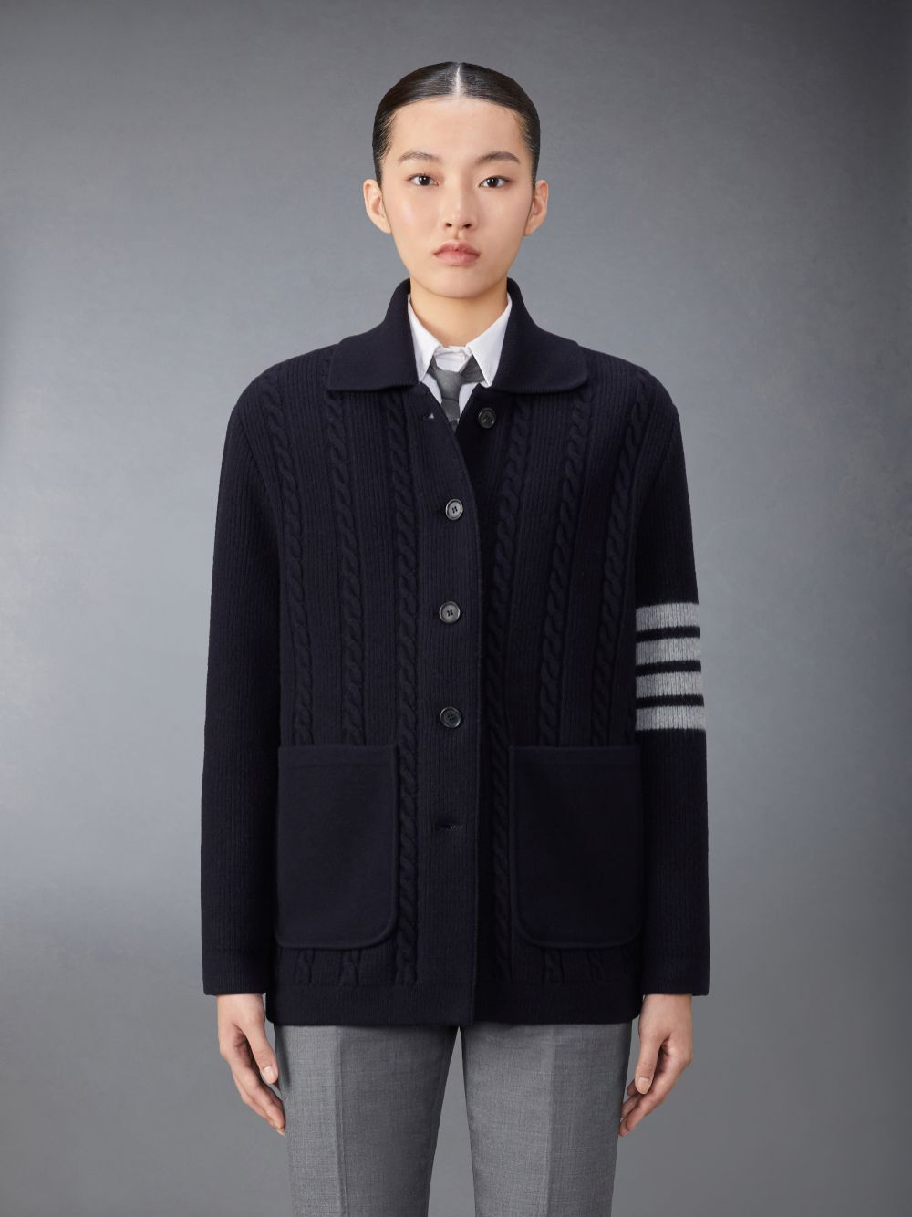 Thom Browne Merino Wool and Cotton 4-Bar Cable レディース コート 青 | DKF00V79631