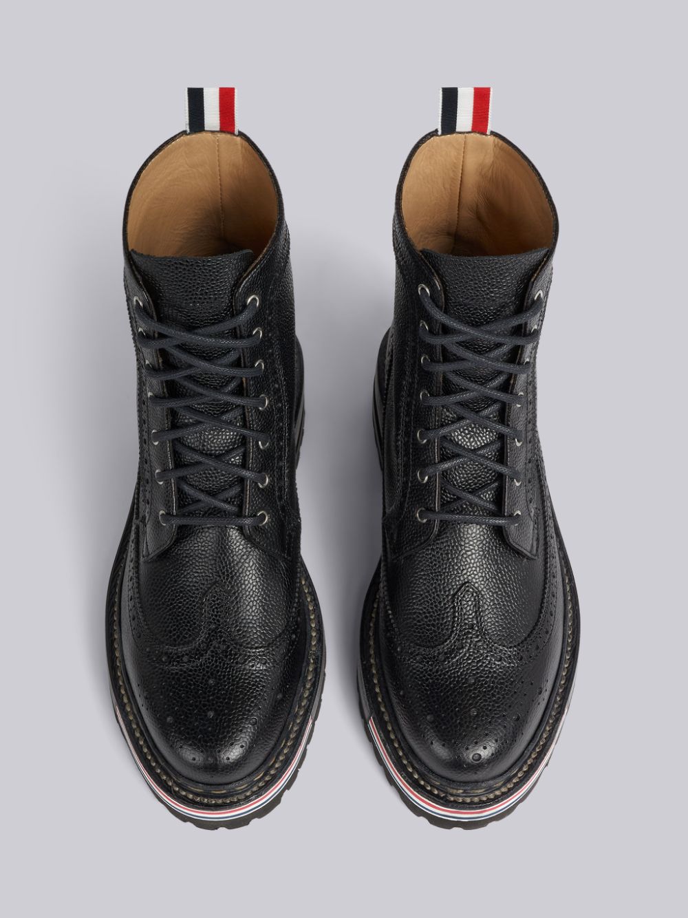 Thom Browne Pebble Grain Leather Rubber Hiking Sole Stripe Micro Insert Lace-Up Longwing レディース ブーツ 黒 | LJC92F07870