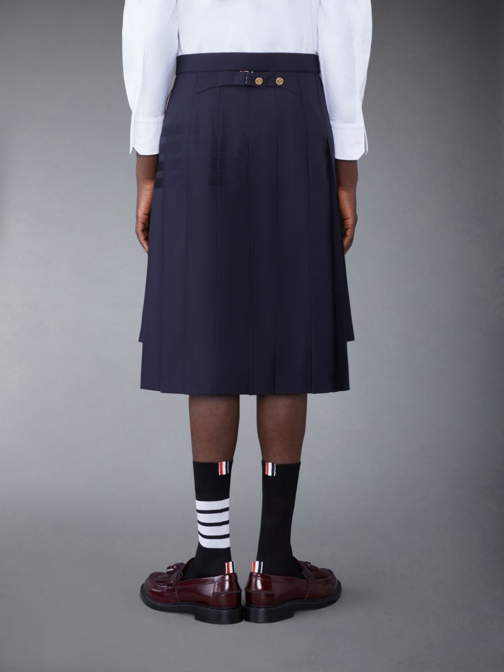 Thom Browne Plain Weave 4-Bar Knee Length Classic Pleated メンズ スカート 青 | WGR54M45166