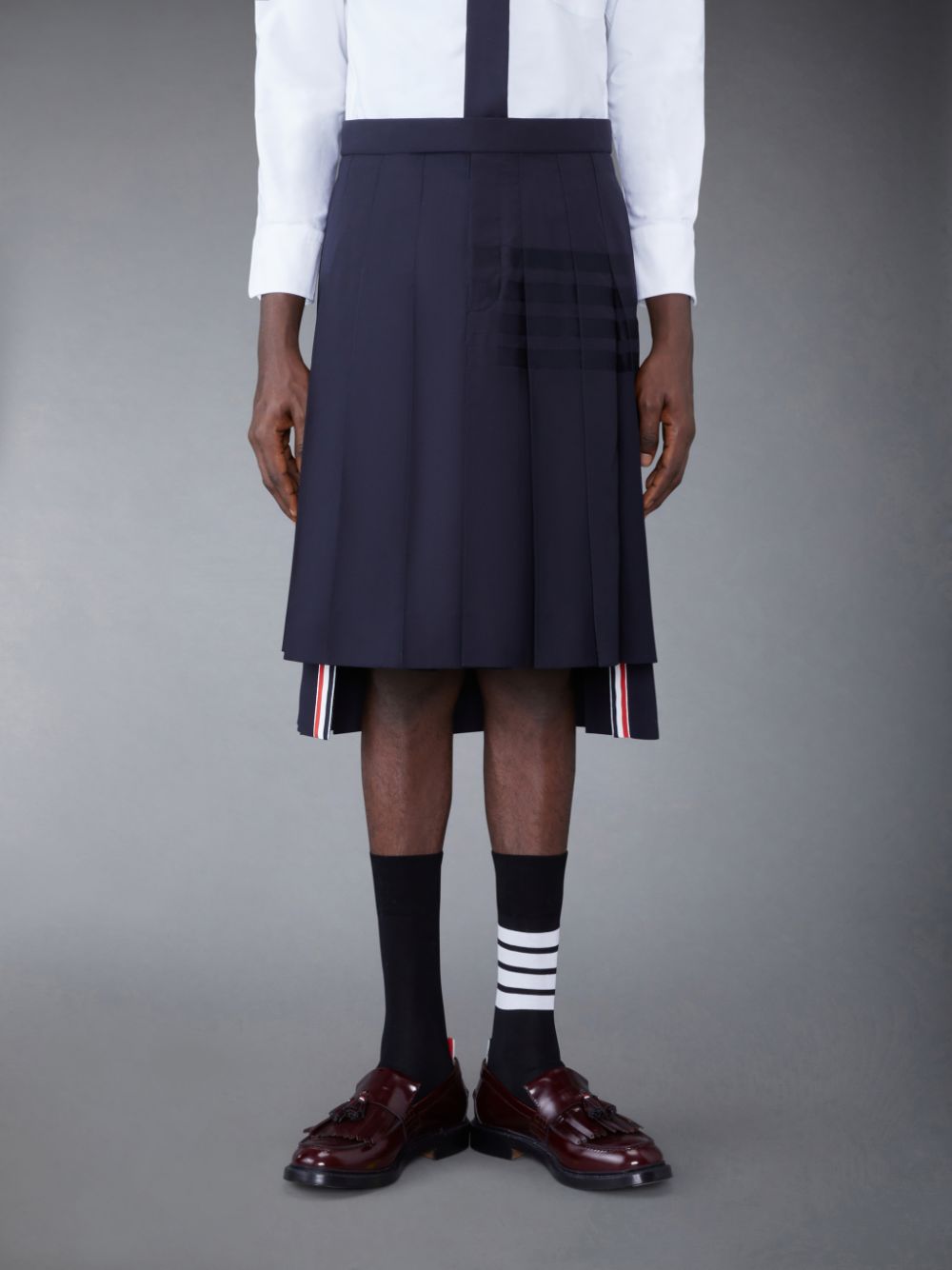 Thom Browne Plain Weave 4-Bar Knee Length Classic Pleated メンズ スカート 青 | WGR54M45166