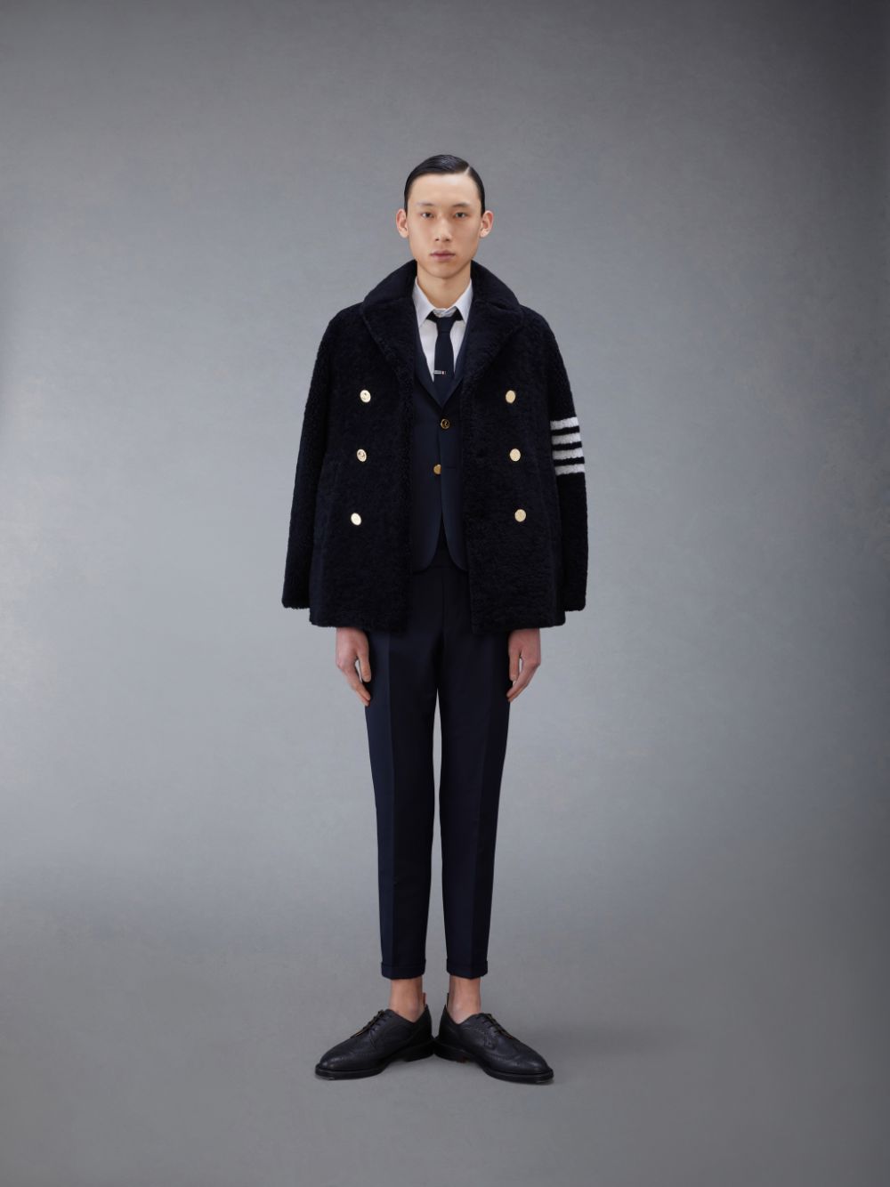 Thom Browne Shearling 4-Bar Peacoat メンズ コート 青 | YIO02X43860