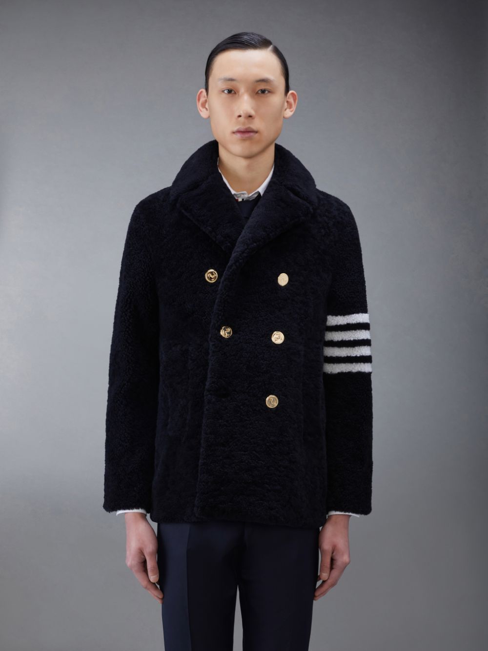 Thom Browne Shearling 4-Bar Peacoat メンズ コート 青 | YIO02X43860