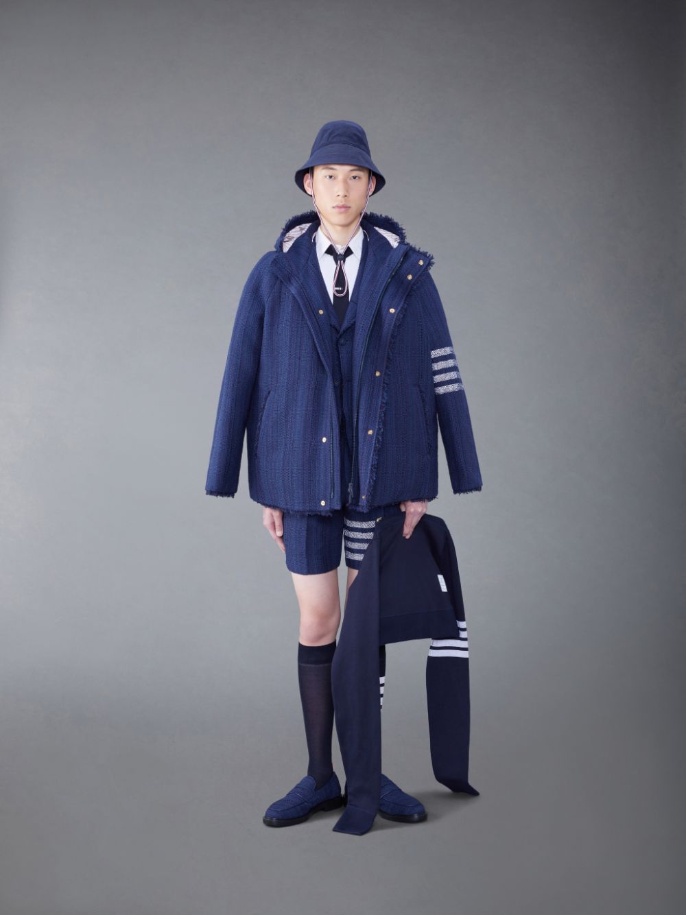 Thom Browne Tweed Fray 4-Bar Cropped Football メンズ パーカージャケット 青 | GZN38O73660