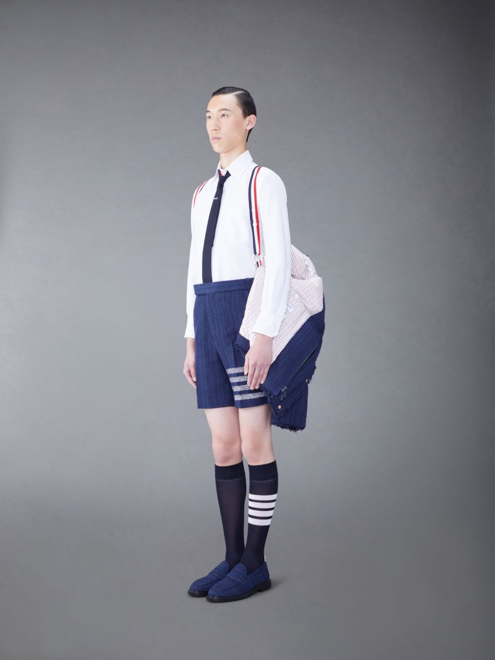 Thom Browne Tweed Fray 4-Bar Cropped Football メンズ パーカージャケット 青 | GZN38O73660