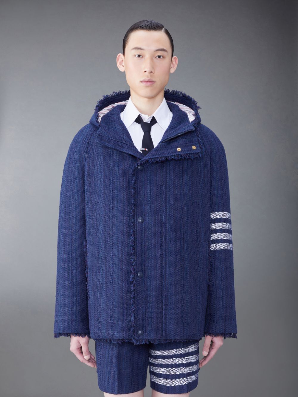 Thom Browne Tweed Fray 4-Bar Cropped Football メンズ パーカージャケット 青 | GZN38O73660