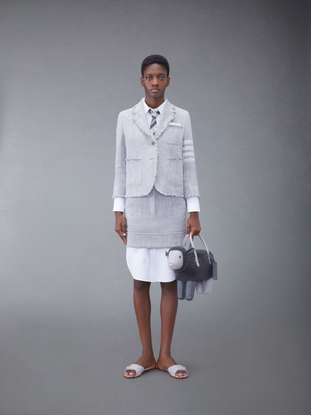 Thom Browne Tweed Fray 4-Bar Cropped Sack レディース ジャケット グレー | QBY93B34790