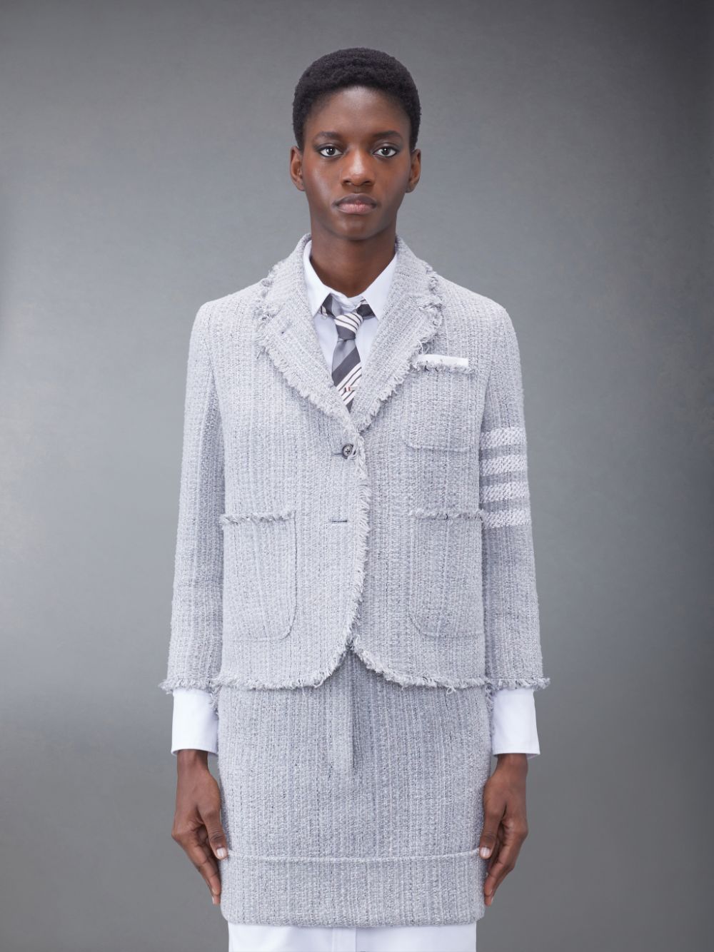 Thom Browne Tweed Fray 4-Bar Cropped Sack レディース ジャケット グレー | QBY93B34790