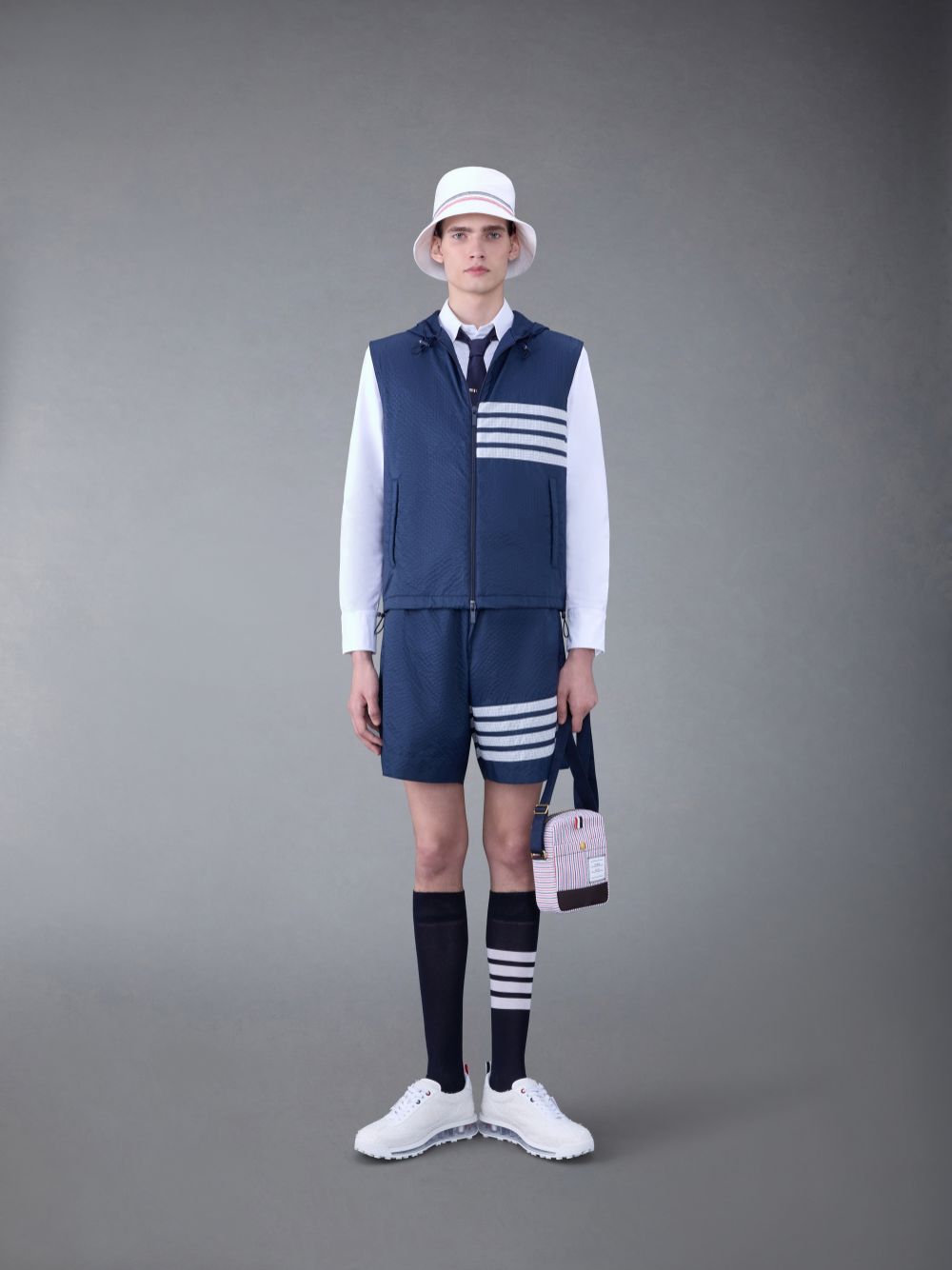 Thom Browne Ultralight Ripstop 4-Bar Hooded メンズ ベスト 青 | GHI80M48262