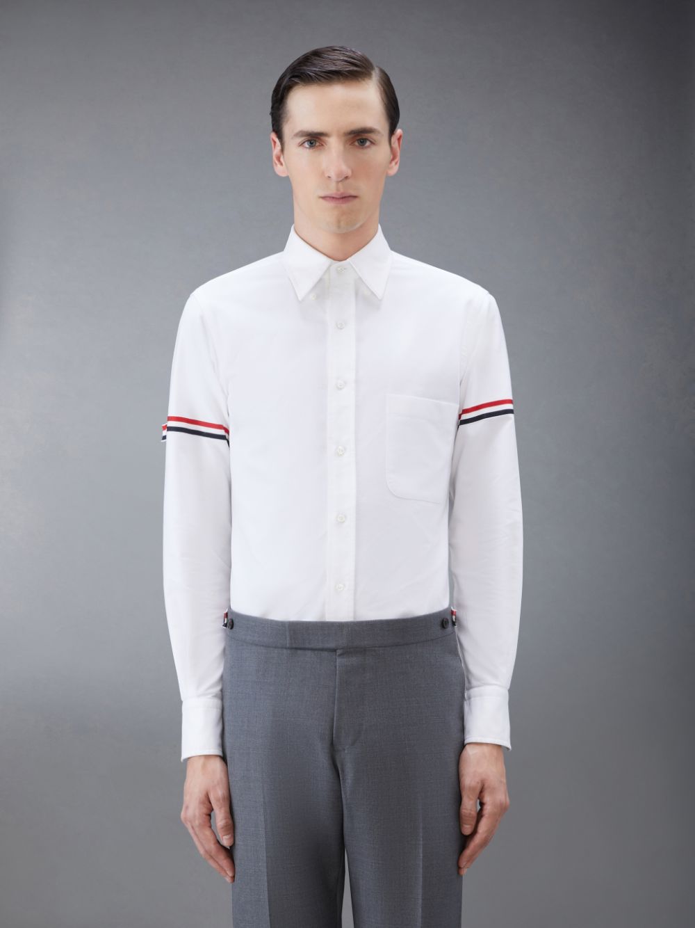 Thom Browne White Oxford Striped Grosgrain Armband Classic メンズ シャツ 白 | YER87G22186