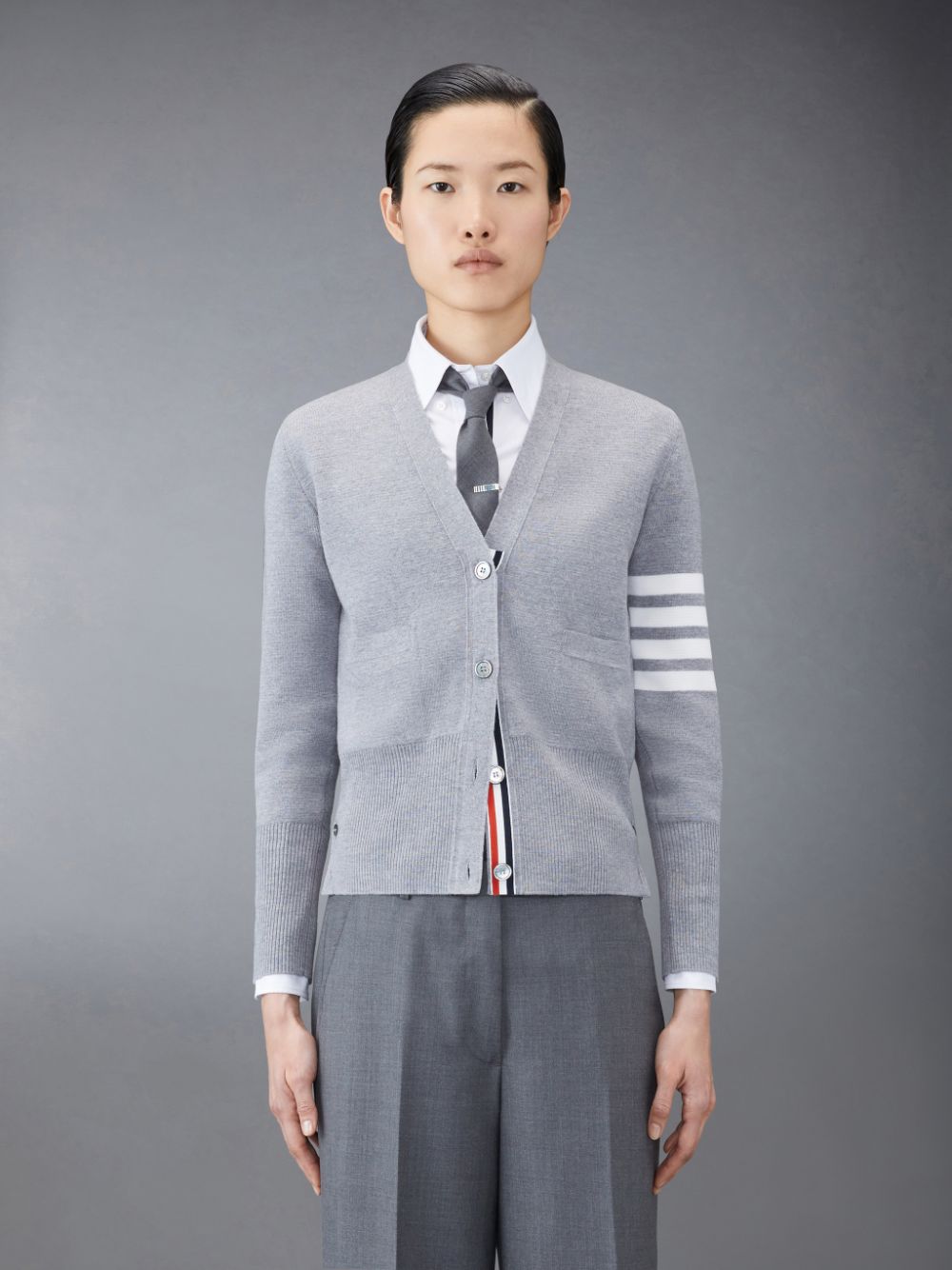 Thom Browne Wool 4-Bar V-Neck レディース カーディガン グレー | HVA40T96666