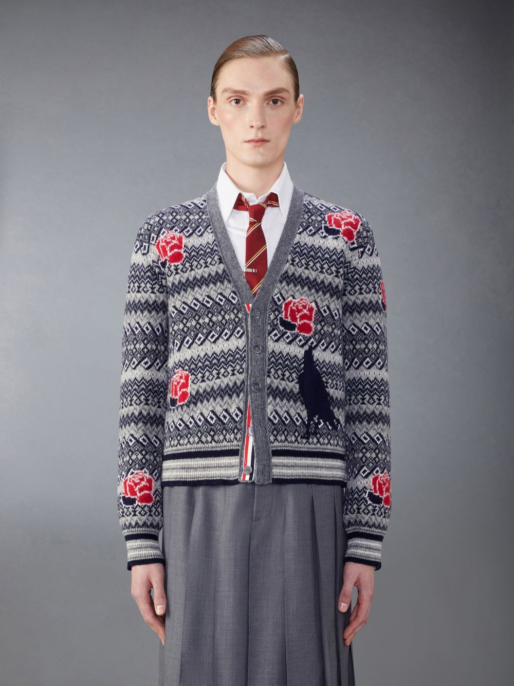 Thom Browne Wool Mohair Rose and Raven メンズ カーディガン グレー | BRG92Z11057